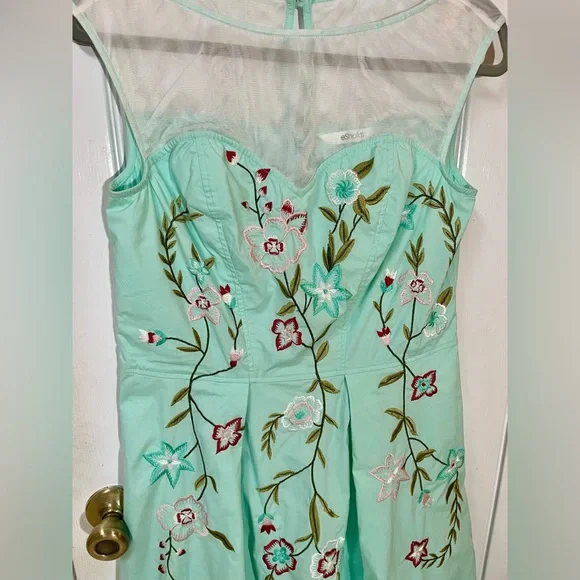Eshakti Dress Size Large 12 Embroidered Teal Sheer Neckline Floral Lined - Picture 9 of 11